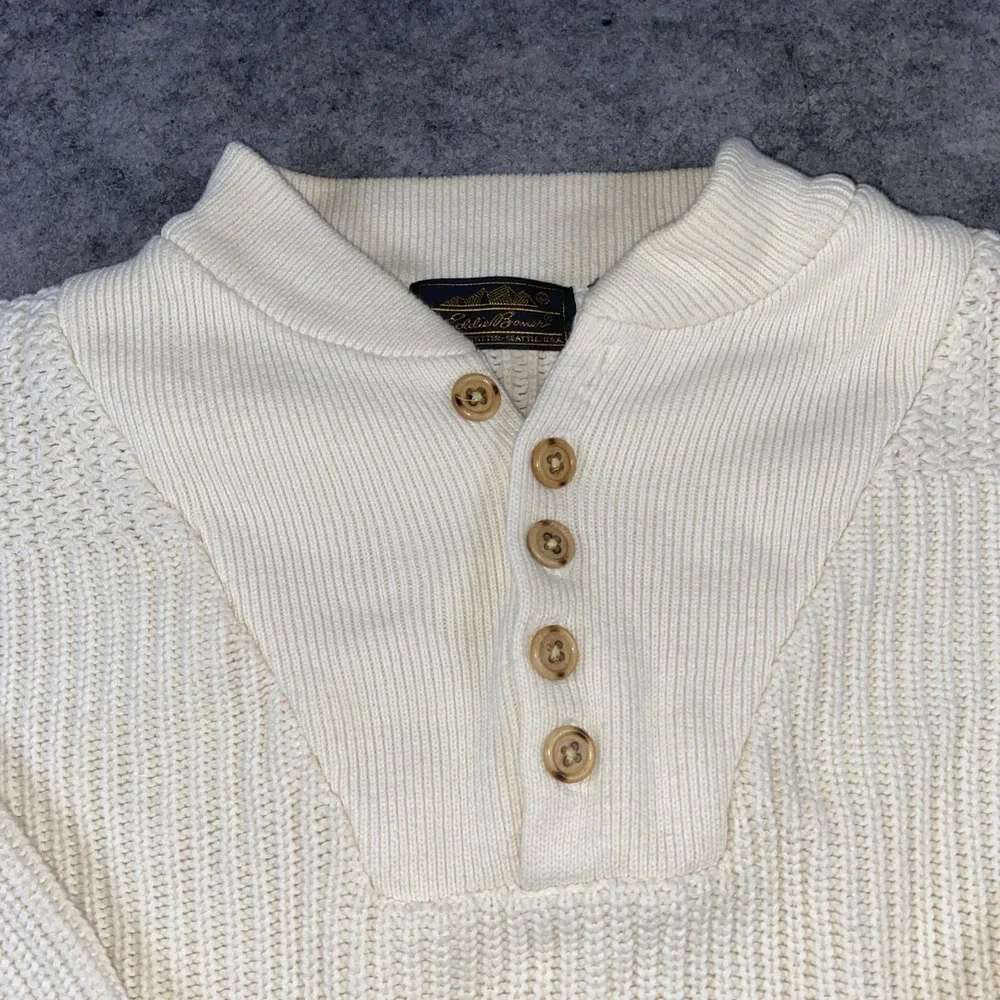 Eddie Bauer Sweater Mens L‎ Cream Cotton Long Sleeve Fisherman Henley Knit Heavy